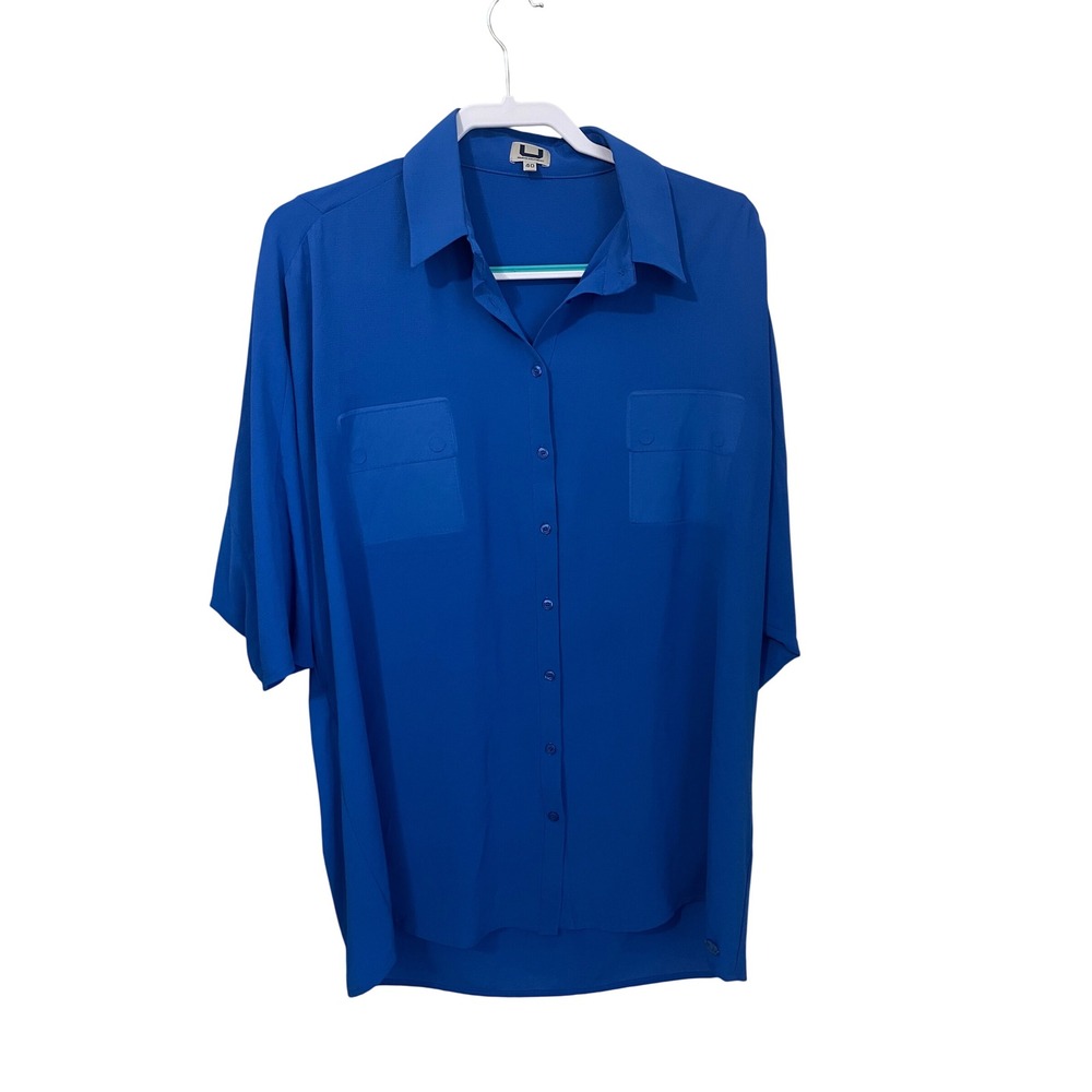 Adolfo Dominguez U Blue Shirt Oversized Dolman Sleeve Faux Pocket Size 40 US 6